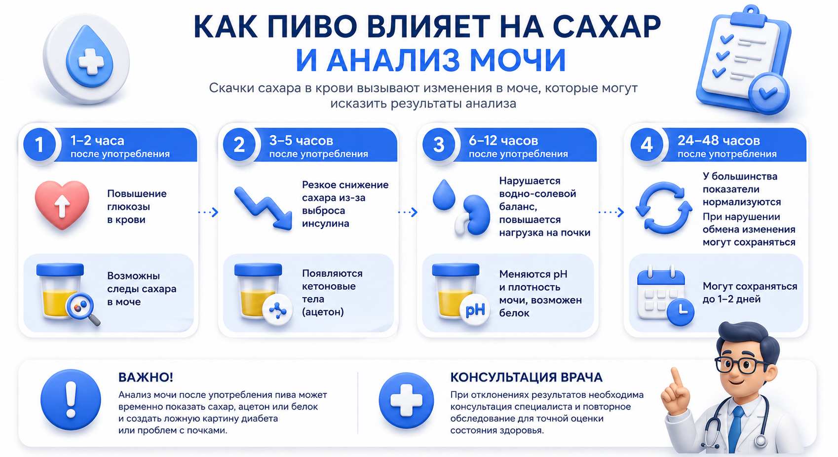 Инфографика на тему влияния пива на сахар и анализ мочи